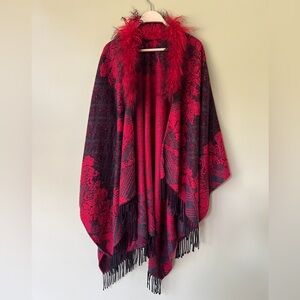 ⭐️ SALE $68 ⭐️ Wool Cashmere Blend Faux Fur Fringed Floral Reversible Shawl